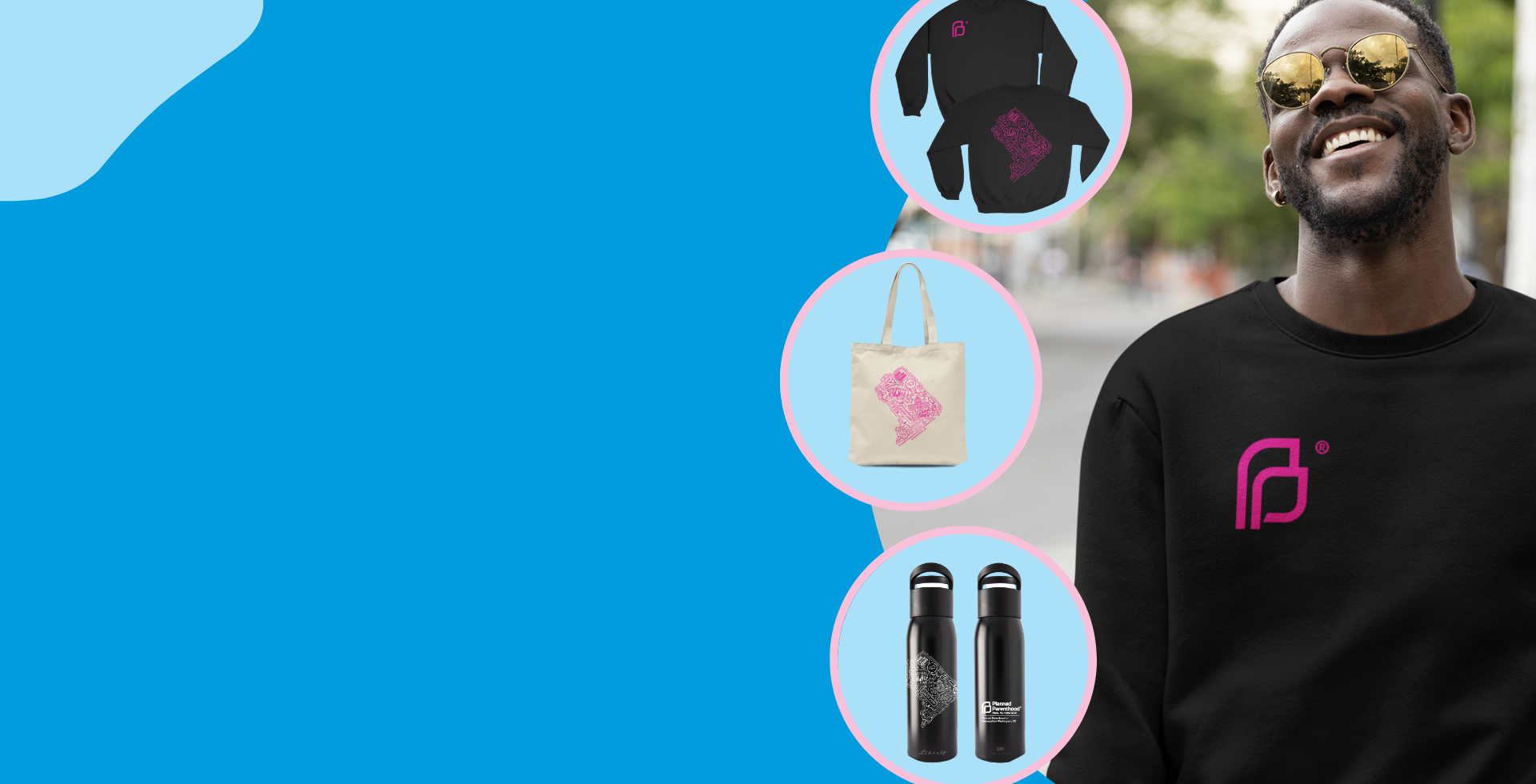 collage of sweatshirt, tote, water bottle