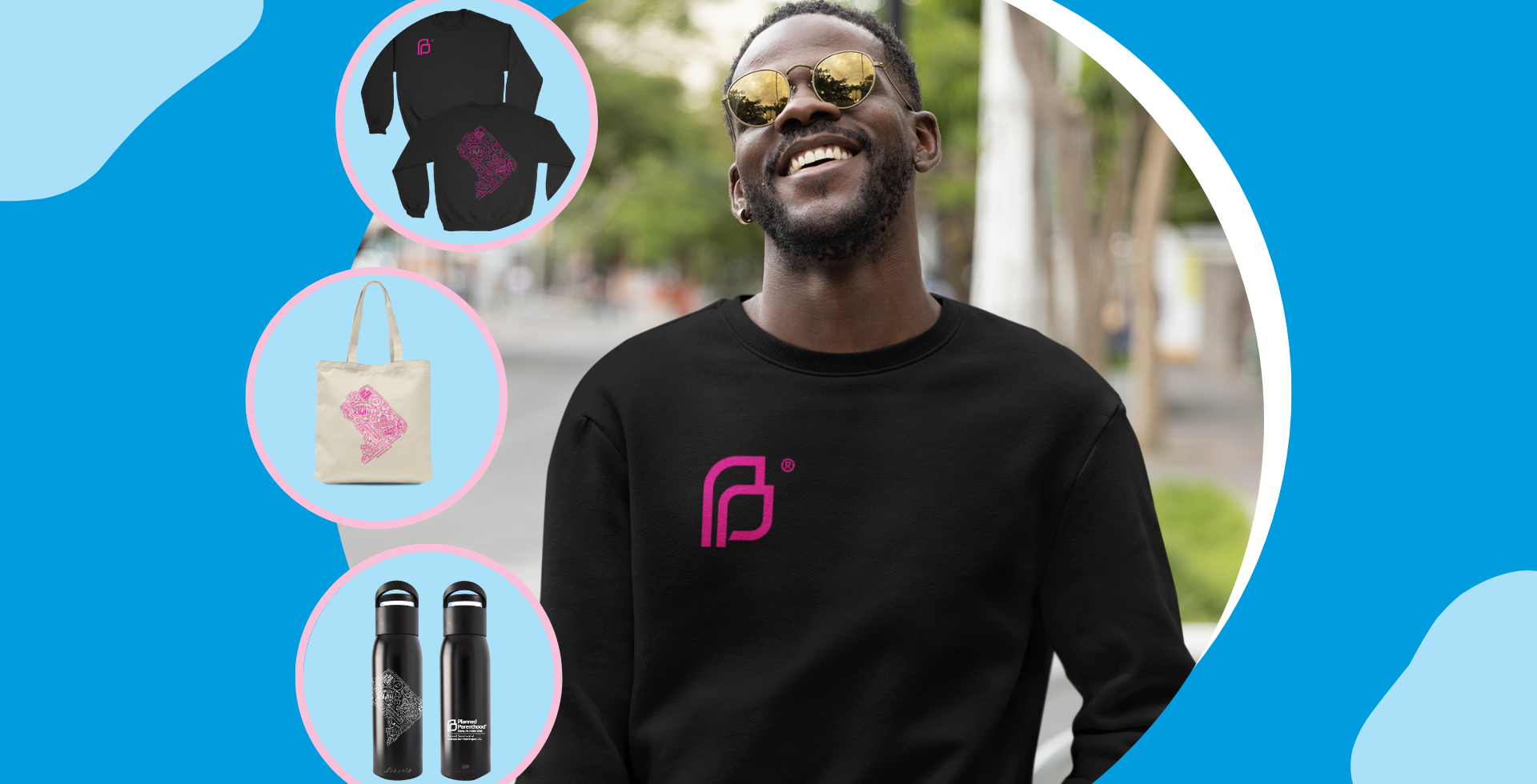 collage of sweatshirt, tote and water bottle